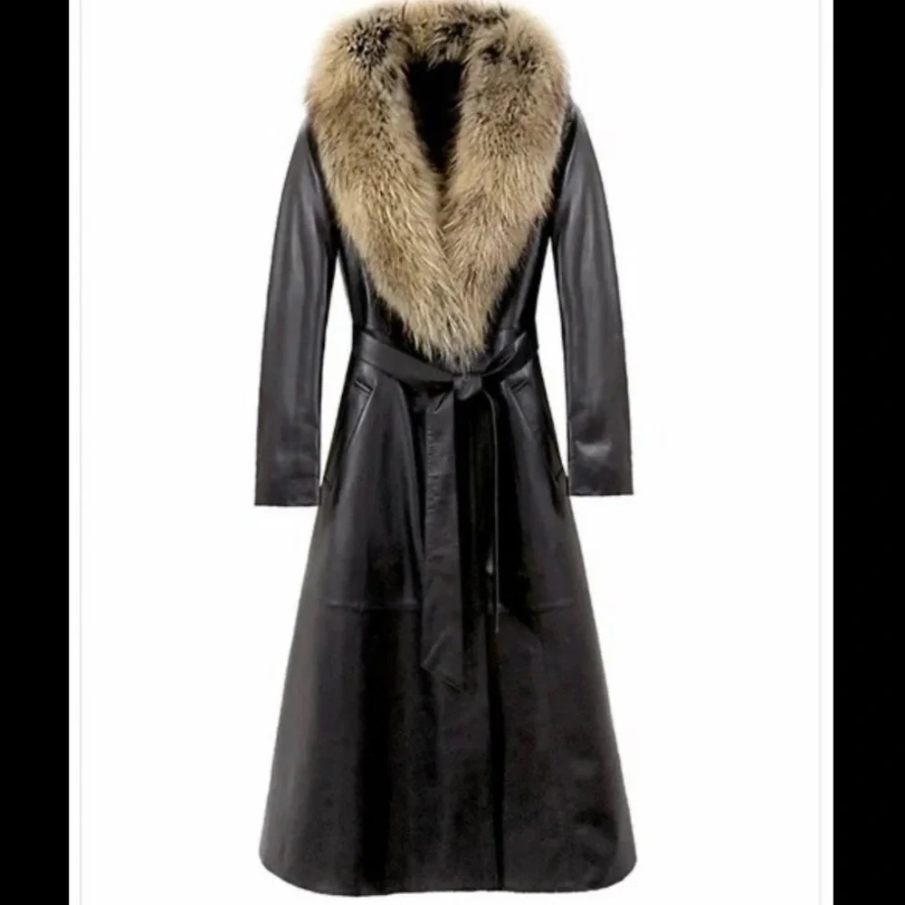 Long Leather Coat w/Sheepskin Collar - Picture 5 of 16